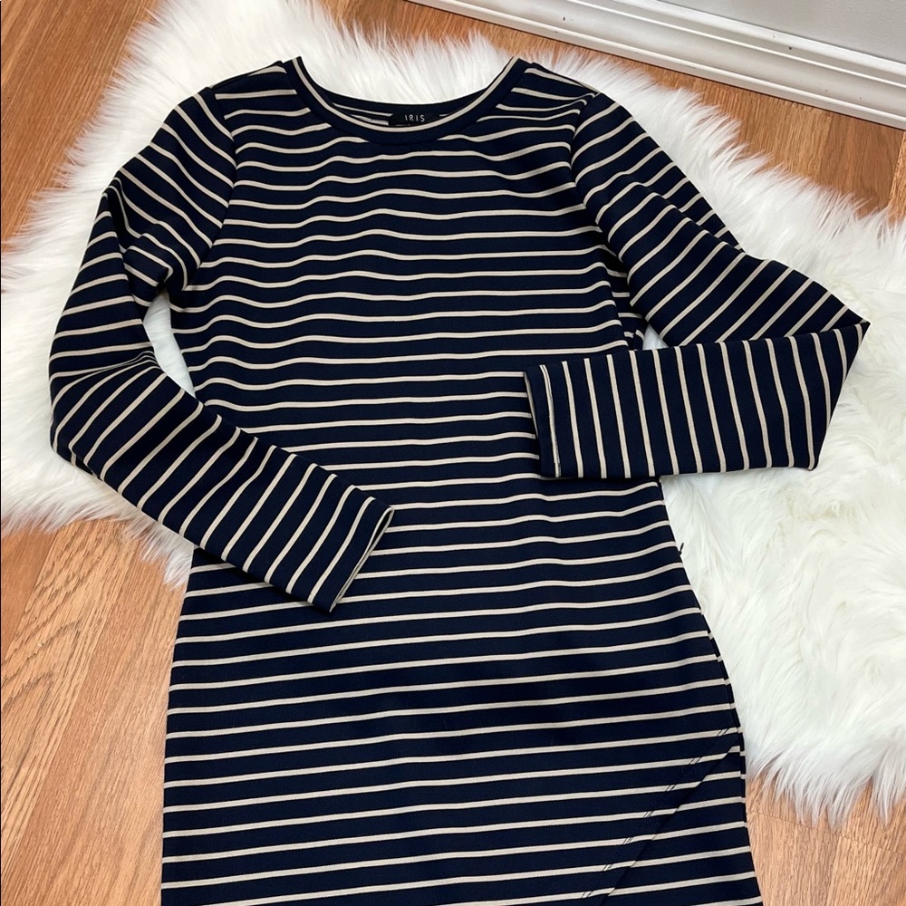 IRIS dress below knee asymmetrical hemline striped